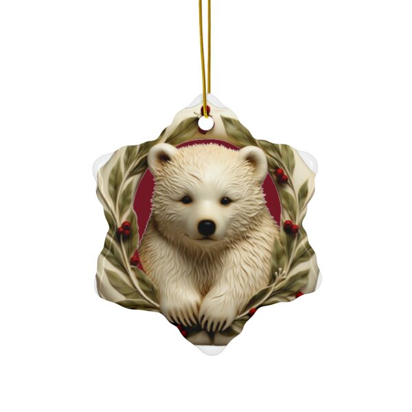 Cute Polar Bear Cub Christmas Ceramic Ornament, 2 Shapes (Red Background) - Image 4