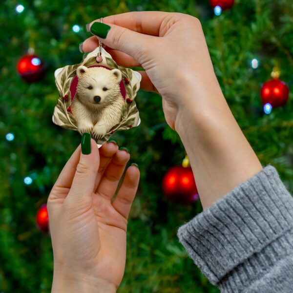 Cute Polar Bear Cub Christmas Ceramic Ornament, 2 Shapes (Red Background) - Image 6