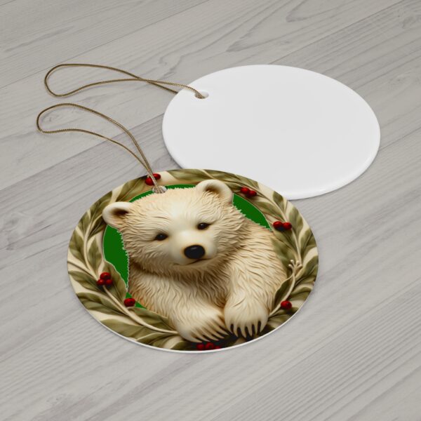 Cute Polar Bear Cub Christmas Ceramic Ornament, 2 Shapes (Green Background) - Image 2