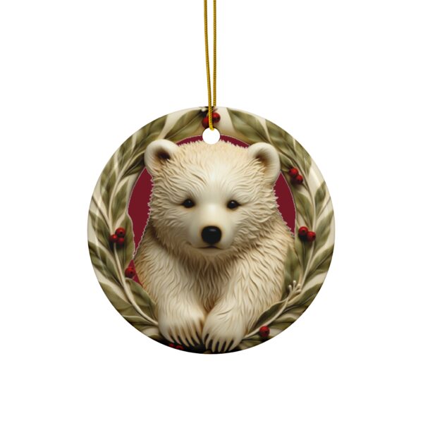 Cute Polar Bear Cub Christmas Ceramic Ornament, 2 Shapes (Red Background)