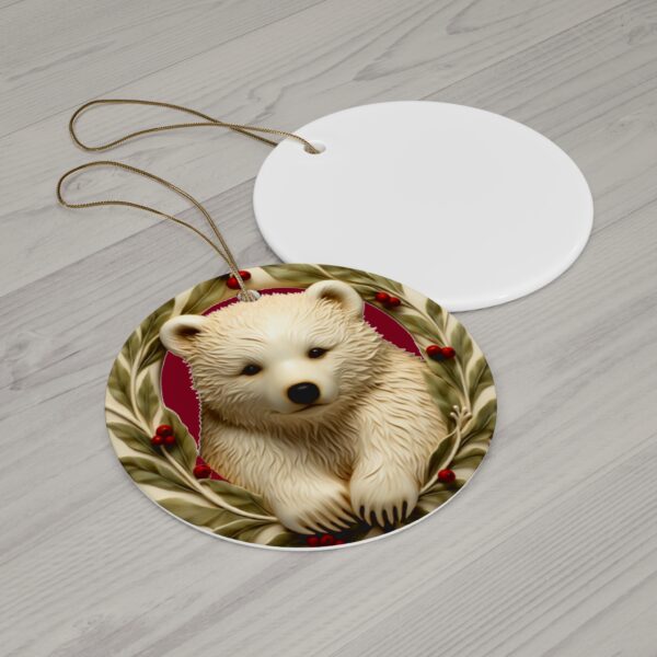 Cute Polar Bear Cub Christmas Ceramic Ornament, 2 Shapes (Red Background) - Image 2