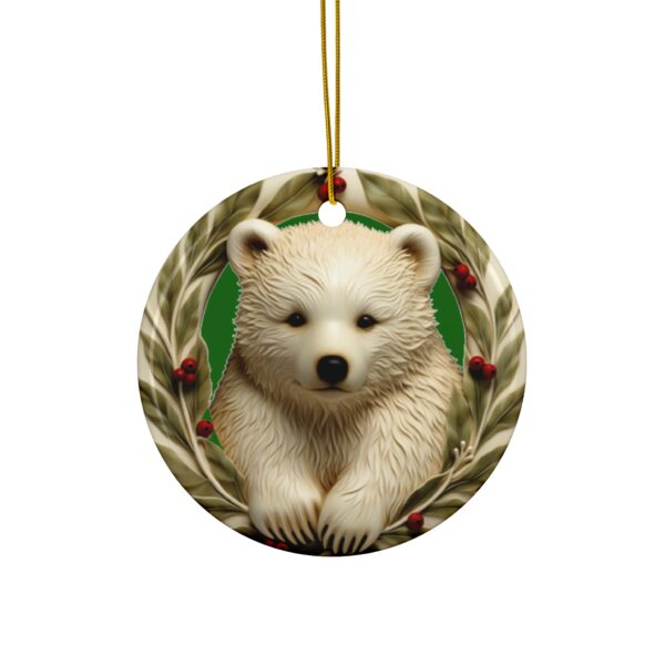 Cute Polar Bear Cub Christmas Ceramic Ornament, 2 Shapes (Green Background)