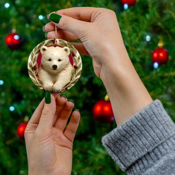 Cute Polar Bear Cub Christmas Ceramic Ornament, 2 Shapes (Red Background) - Image 3