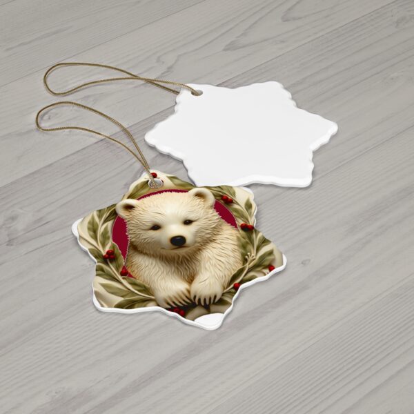 Cute Polar Bear Cub Christmas Ceramic Ornament, 2 Shapes (Red Background) - Image 5