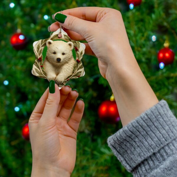 Cute Polar Bear Cub Christmas Ceramic Ornament, 2 Shapes (Green Background) - Image 6