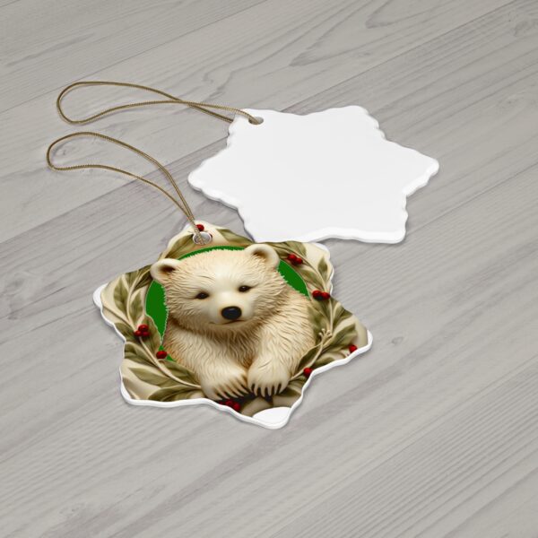 Cute Polar Bear Cub Christmas Ceramic Ornament, 2 Shapes (Green Background) - Image 5