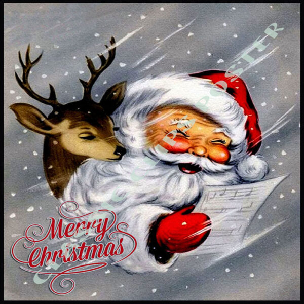 Merry Christmas Vintage Deer and Santa Poster